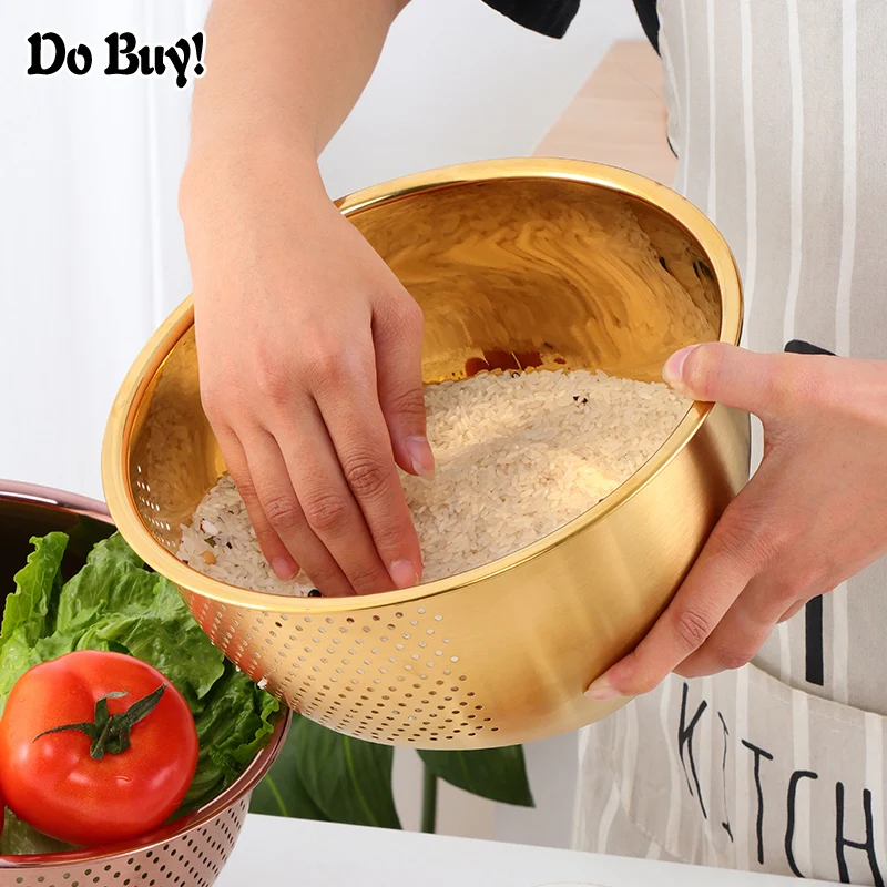 1 Pcs Strainer Basket Rice Stainless Steel Washing Filter Rose Gold Strainer Colorful Basket Sieve Drainer Kitchen Gadget