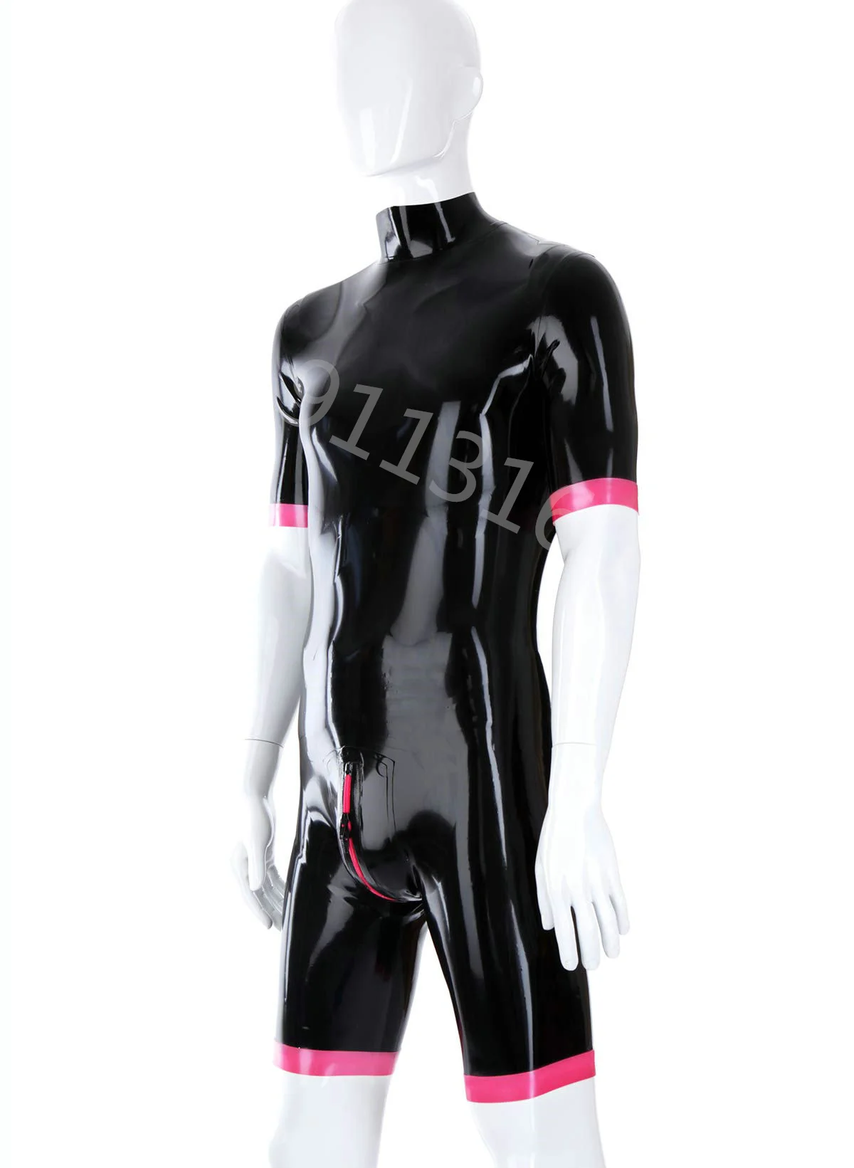 Latex Catsuit met halve mouwen, sexy rubberen bodysuits, halve broek, heren, zwart met roze rand, strakke kleding, fetish jumpsuit