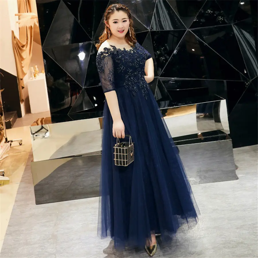 Avondjurken Lange Navy Blue Vintage Robe De Soiree T528 2019 Nieuwe Plus Size Elegante Vrouwen Feestjurken Kant Formele prom Gown