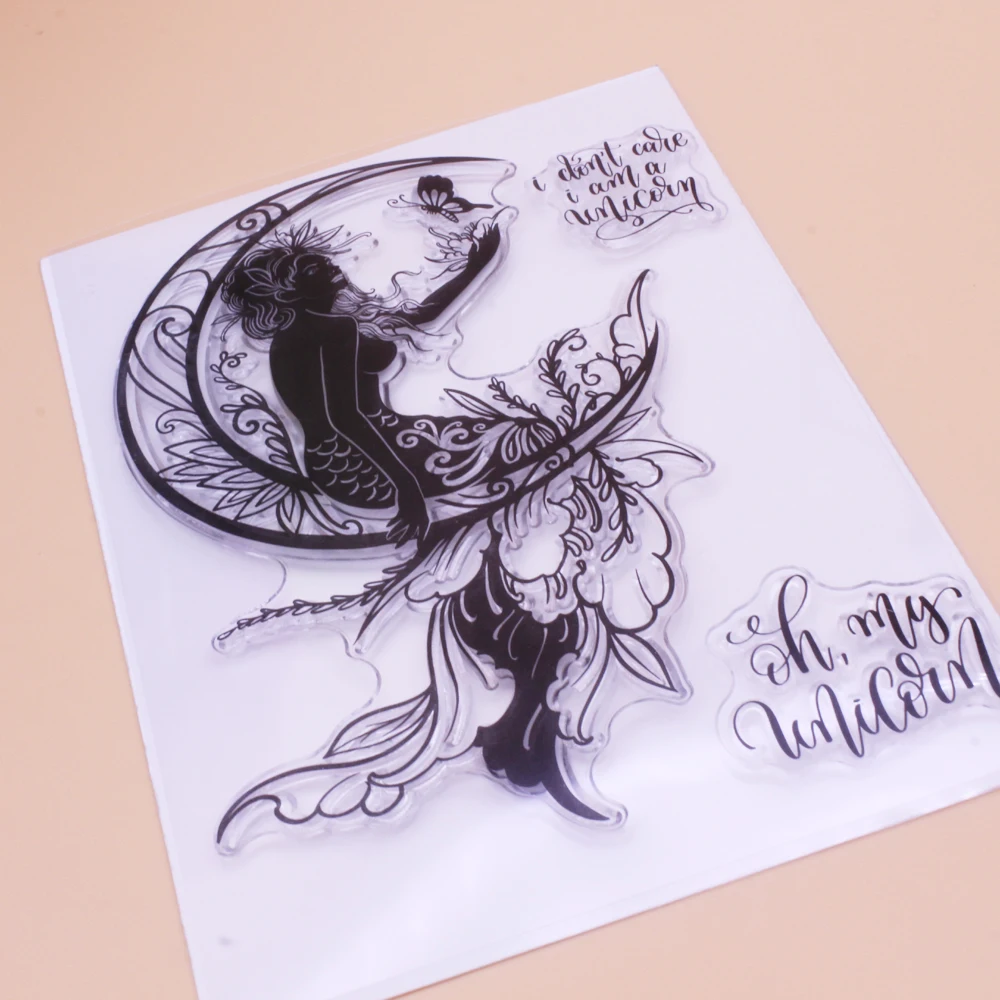 Alinacutle CLEAR STAMPS Mermaid With Moon Butterfly DIY Scrapbooking Card Album Paper Craft Rubber Transparent Silicon Stamp