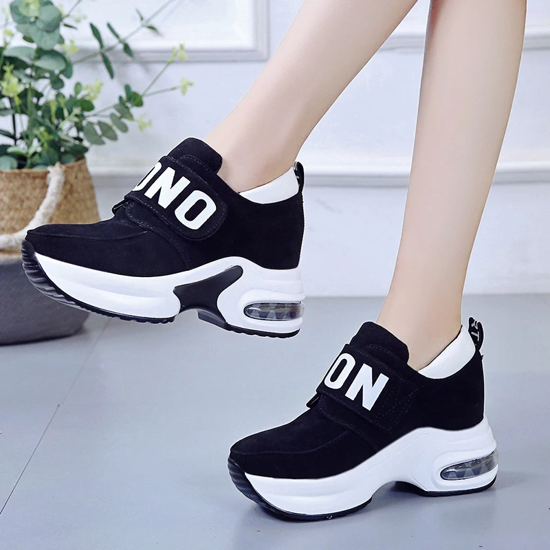 Women High Heel Leisure Platform Sneakers Black Red Lady Breathable Height Increasing Running Shoes Slip on Wedges Trainers