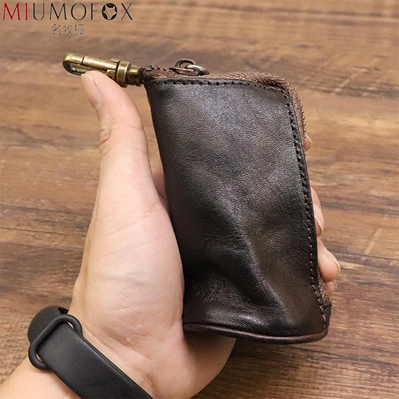 Original Leather Brand Car Key Bag Unisex Small Round Columnar Key Holder Organizer Pouch 2023 Women Keychain Housekeeper Wallet