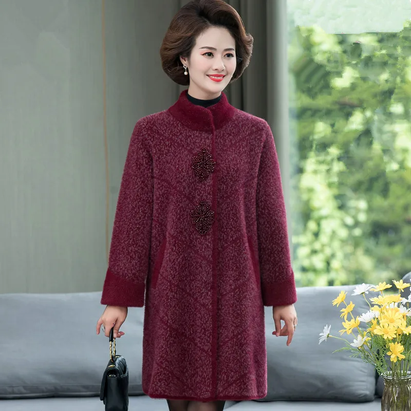 UHYTGF Autumn Winter Coat Women Quality Mink Fleece Casual Female Woolen Jacket Mid-Length Loose 6XL Big Size Outerwear 1075