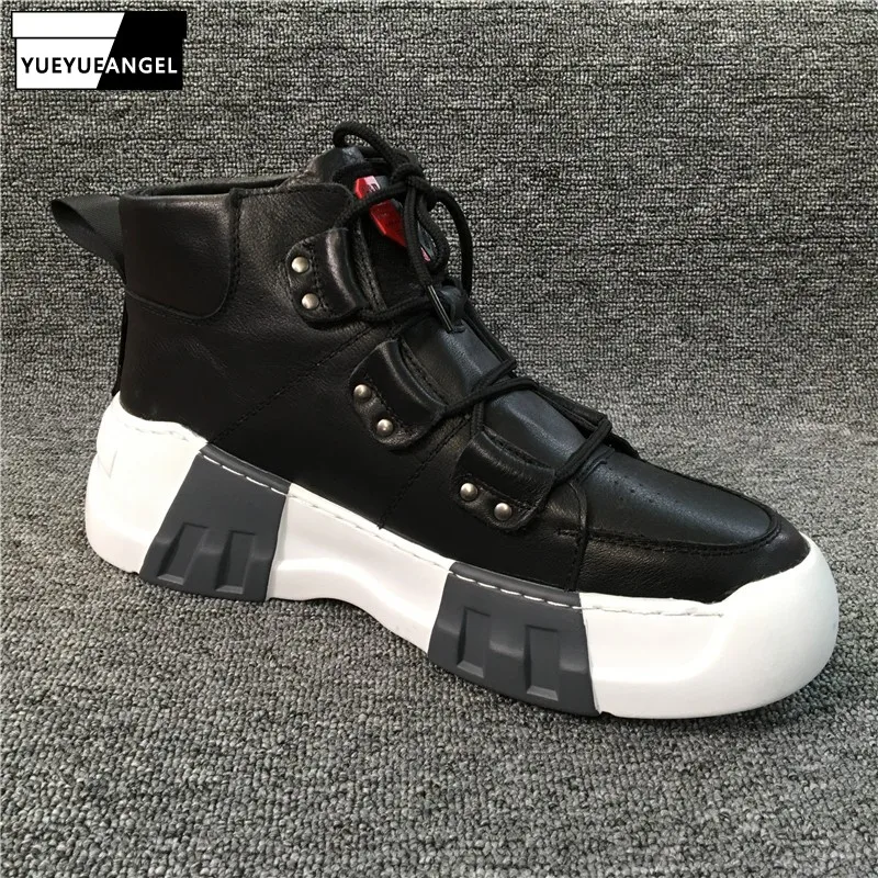 Mens Genuine Leather Casual Shoes Natural Cowhide High-Top Outside Rubber Sole Non-slip Breathable Waterproof Sneakers Shoes