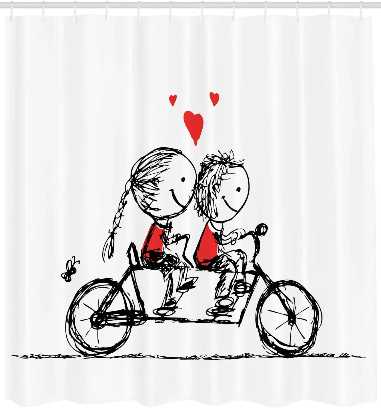 Bicycle Shower Curtain Children Love Couple Cycling Together Soul Mates Valentines Sketchy Print Bathroom Decor Set with Hooks