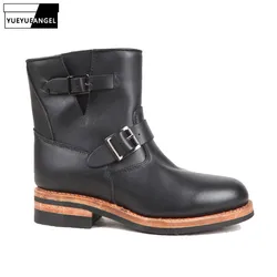 Mens Vintage Solid Biker Ankle Boots Casual Slip-On Male Round Toe Outdoor Cowhide Genuine Leather Engineer Boots High Street