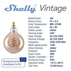Shelly Vintage G125 2700K Smart Bulb Control RGB Smart Light Bulb Dimmable E27 WiFi LED Magic Lamp AC 220~240V Work with