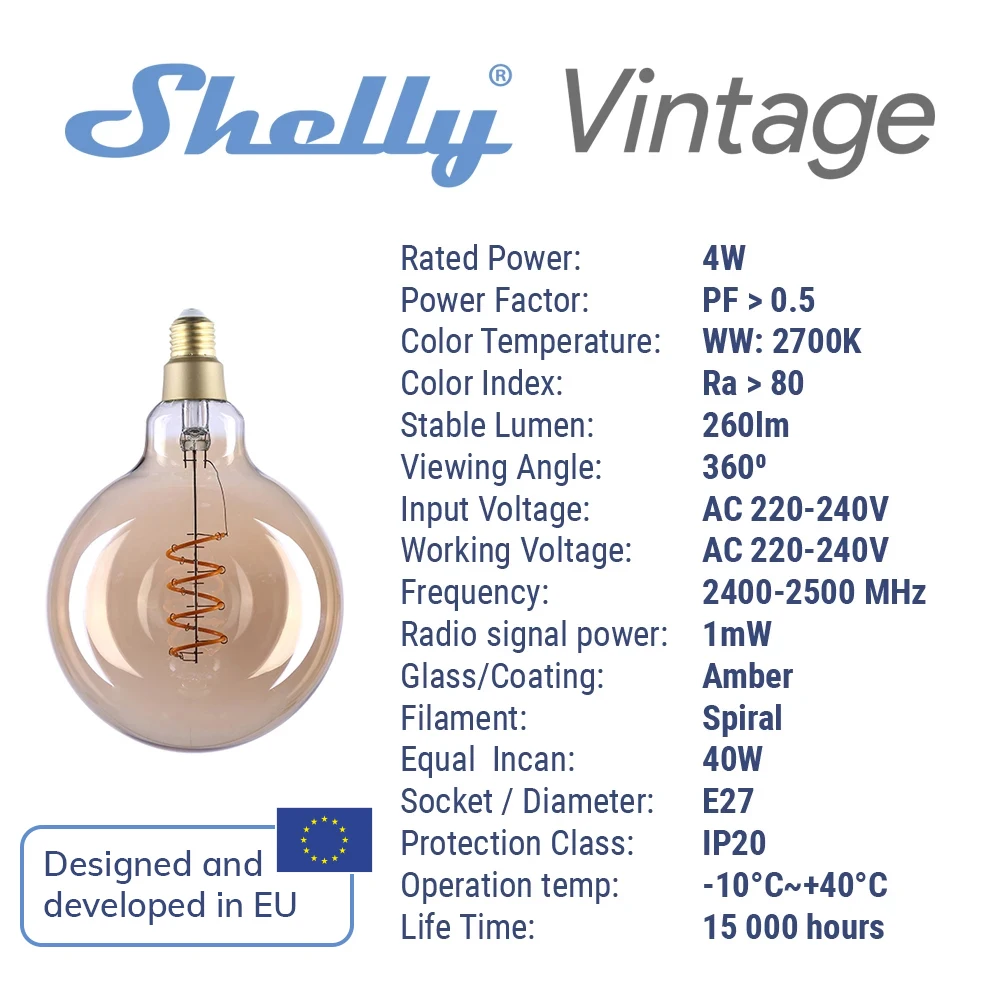 Shelly Vintage G125 2700K Smart Bulb Control RGB Smart Light Bulb Dimmable E27 WiFi LED Magic Lamp AC 220~240V Work with