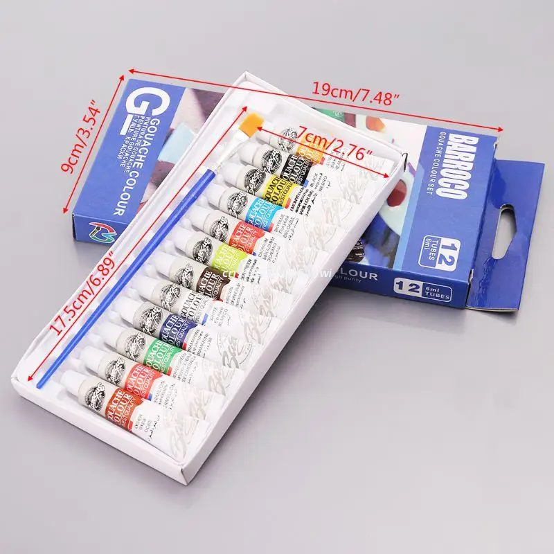 Conjunto de tubos de tinta guache 12 cores, 6ml, pintura de pigmento de desenho com escova, materiais de arte, dropship