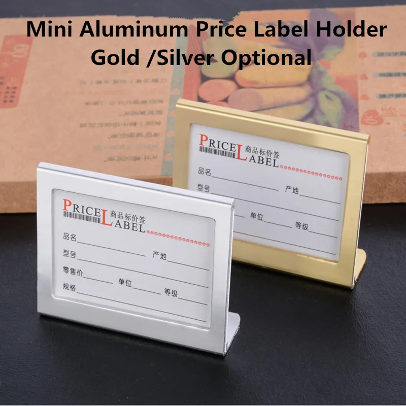 Alumínio Mini Sign Holder, Display Stand, Table Number Place Card, Pequeno Preço, Label Paper Card Tag, L Shape, 65x53mm