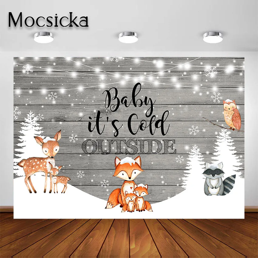 

Mocsicka Baby It's Cold Outside Backdrop for Kids Birthday Party Rustic Wood Winter Woodland Animals Baby Shower Background