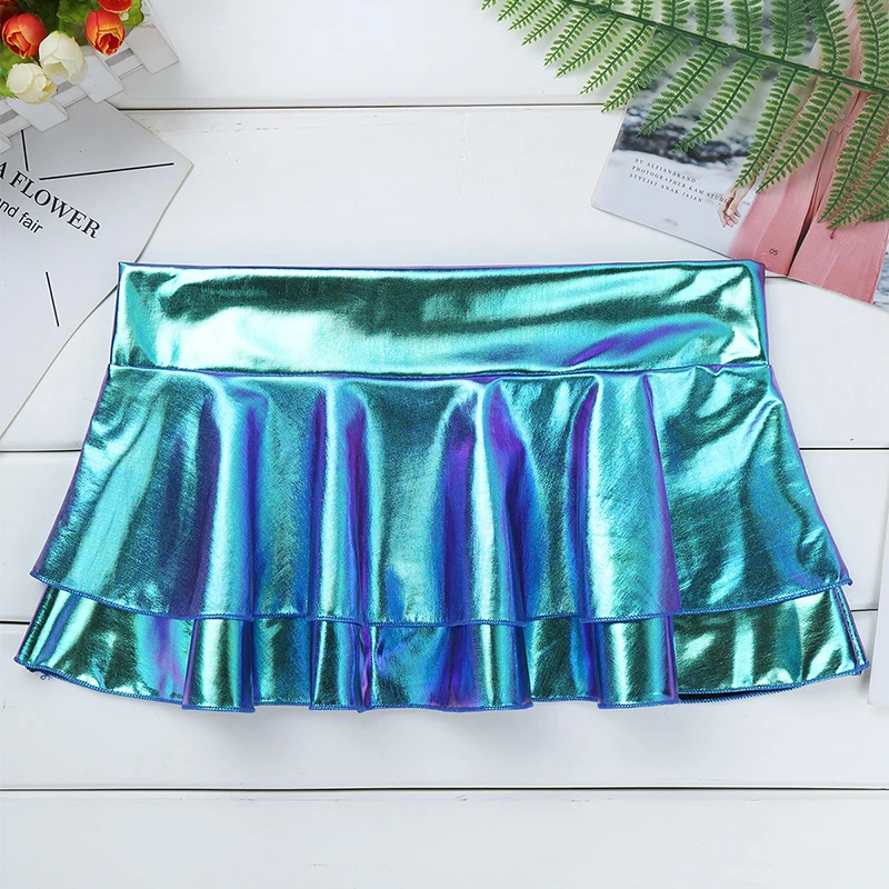 Women Shiny Metallic Sexy Mini Skirt Leotard Nightclub Pole Dance Festival Rave Costume Chic Girls  Double Layered Ruffled Skirt