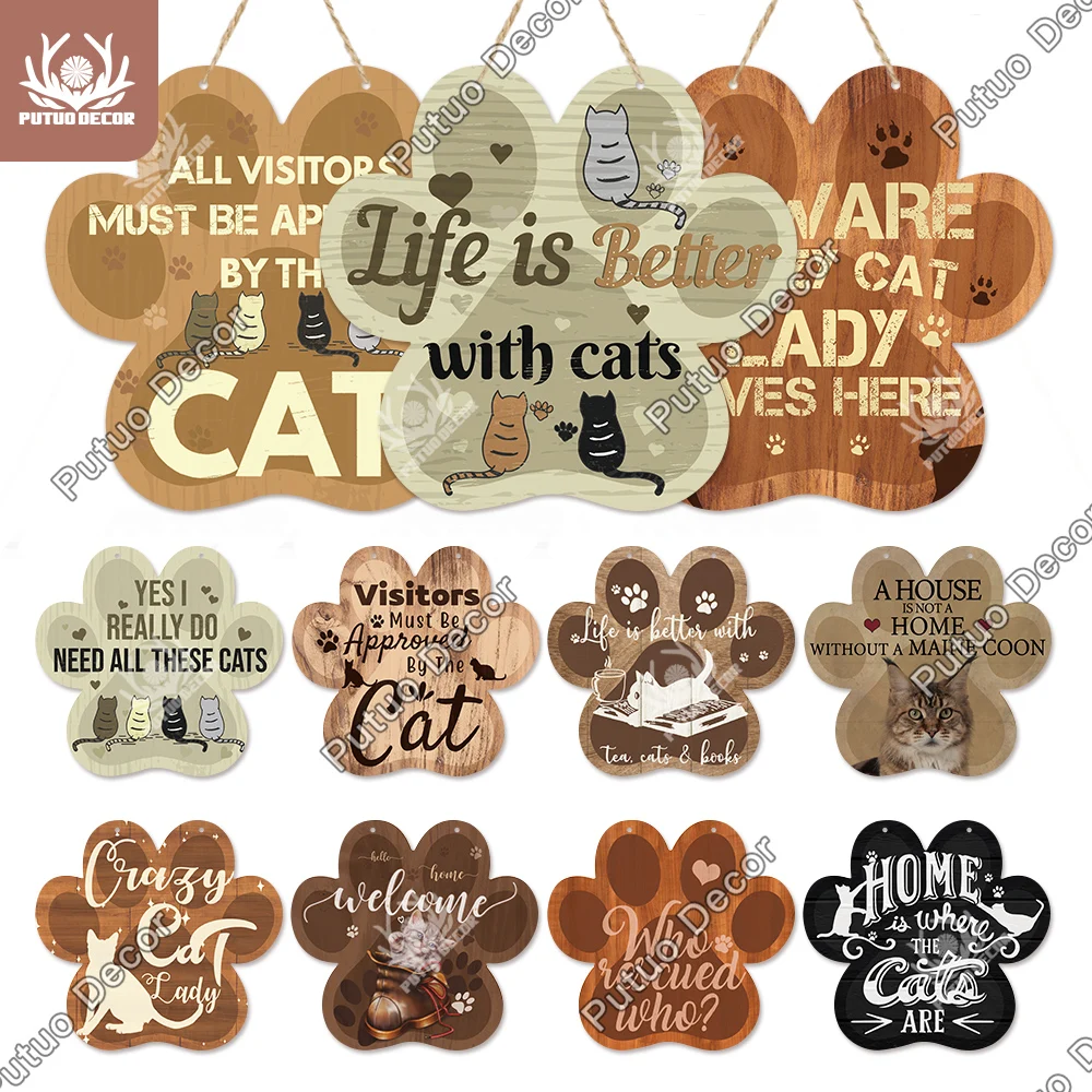 Putuo Decor Cat Sign Paw Shaped Wooden Sign Rustic Wood Hanging Plaque Home Decoration Plate for Cat House Gift Wall Decor