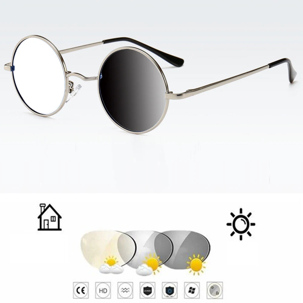 Spring Hinge Retro Round Ultralight Photochromic Grey Reading Glasses +0.75 +1 +1.25 +1.5 +1.75 +2 +2.25 +2.5 +2.75 To +4