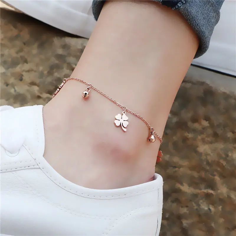 Flower Bells Anklet for Women Four-leaf Clover 18KGP Rose Gold Color Stainless Steel Charm Fashion Jewelry Best Gift(GA112)