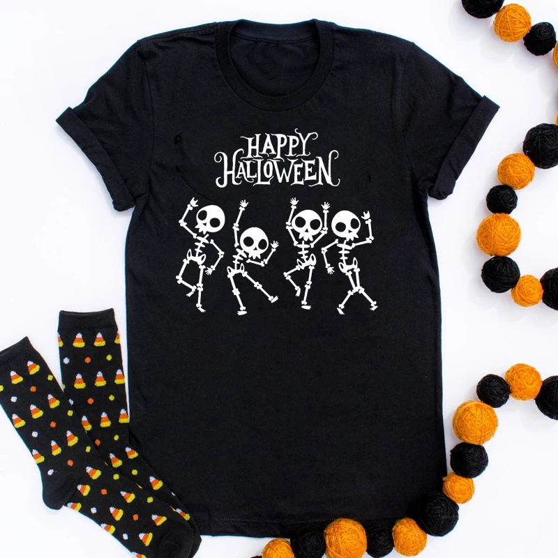 Happy Halloween Skeletons T-shirt Trendy Women Autumn Halloween Party Tshirt Funny Spooky Season Dancing Skeleton Tee Shirt Top