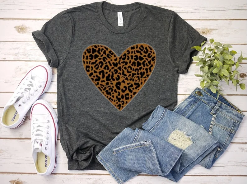 Valentines Day Leopard heart Valentines Day For Women Heart Cute Love Shirt 100% cotton Funny Graphic Casual O Neck Short Sleeve
