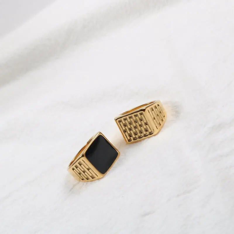 Big square signet rings for women men stainless steel black enamel chunky rings exaggerate jewelry cool stuff free tarnish