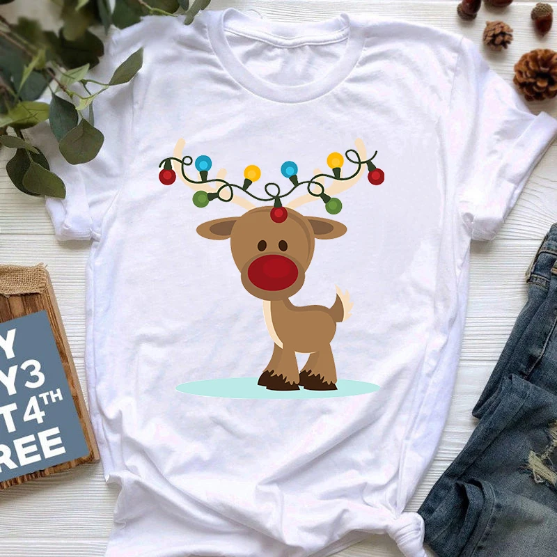 

Women Fashion Short Sleeve TShirt Female 90s White Tshirt Women Graphic Tee Santa Claus Merry Christmas Reindeer White T-shirt