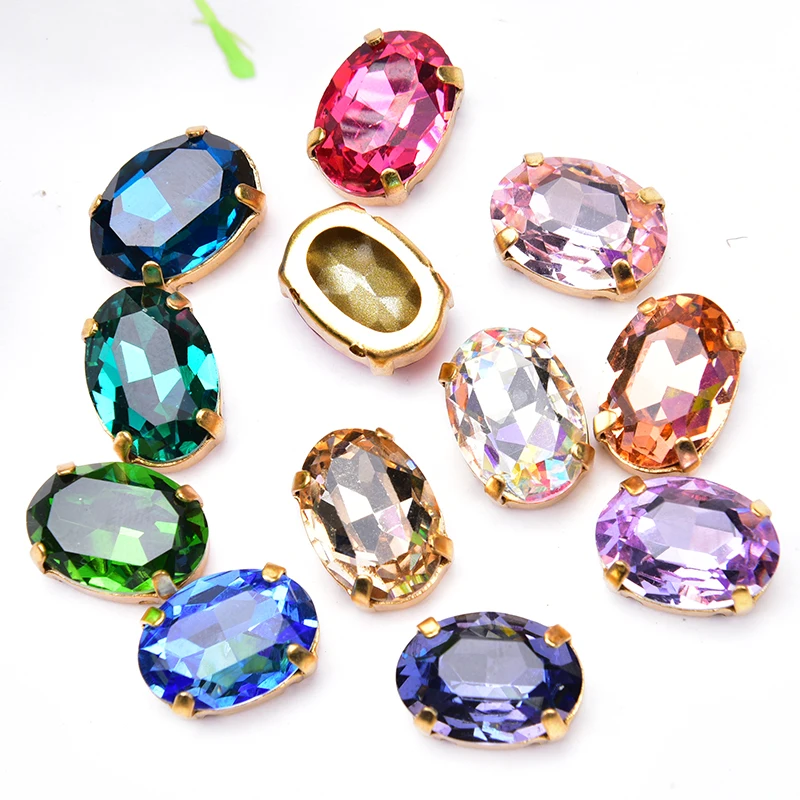 30pcs K9 Rhinestones Mixed Crystal 10*14mm Oval With Gold Claw Setting Sewing For Wedding Dress Decoration Strass Button DIY