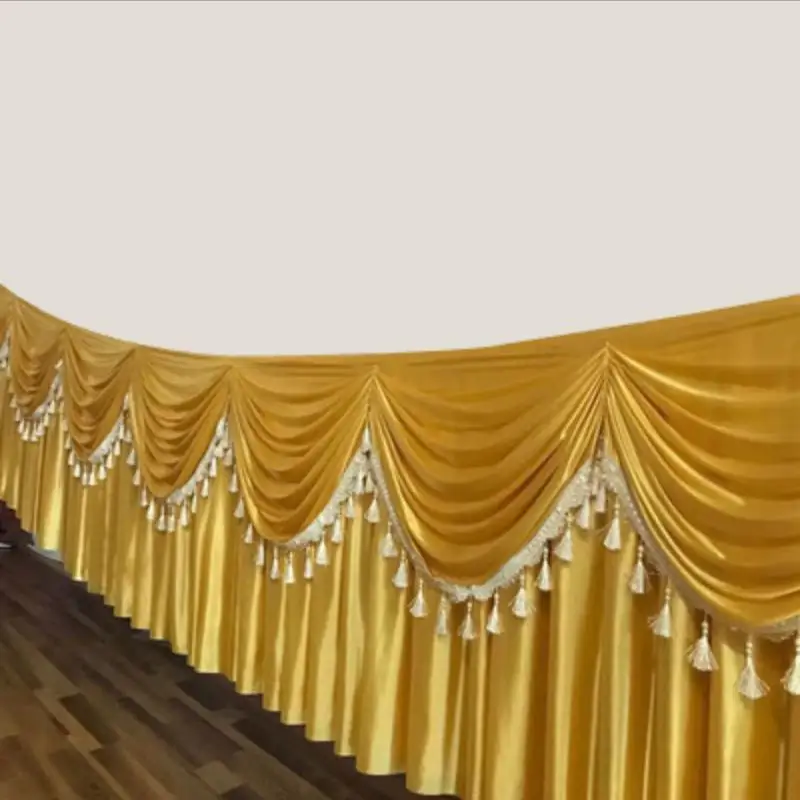 

20ft Length (6M) Gold Table Skirts Ice Silk Solid Table Skirt Beautiful Swag with Tassel Table Cloth Wedding Decoration