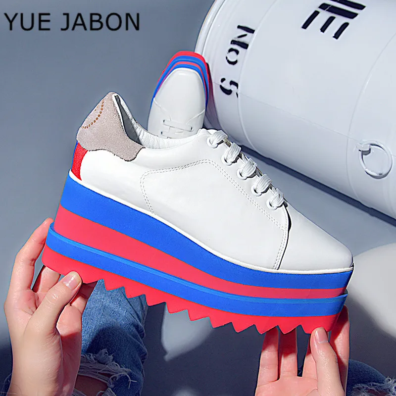 

Spring/Autumn Women Platform Shoes Genuine Leather Sneakers Thick Bottom Casual Shoes Women Lace-Up Flat Platform Shoes 8CM heel