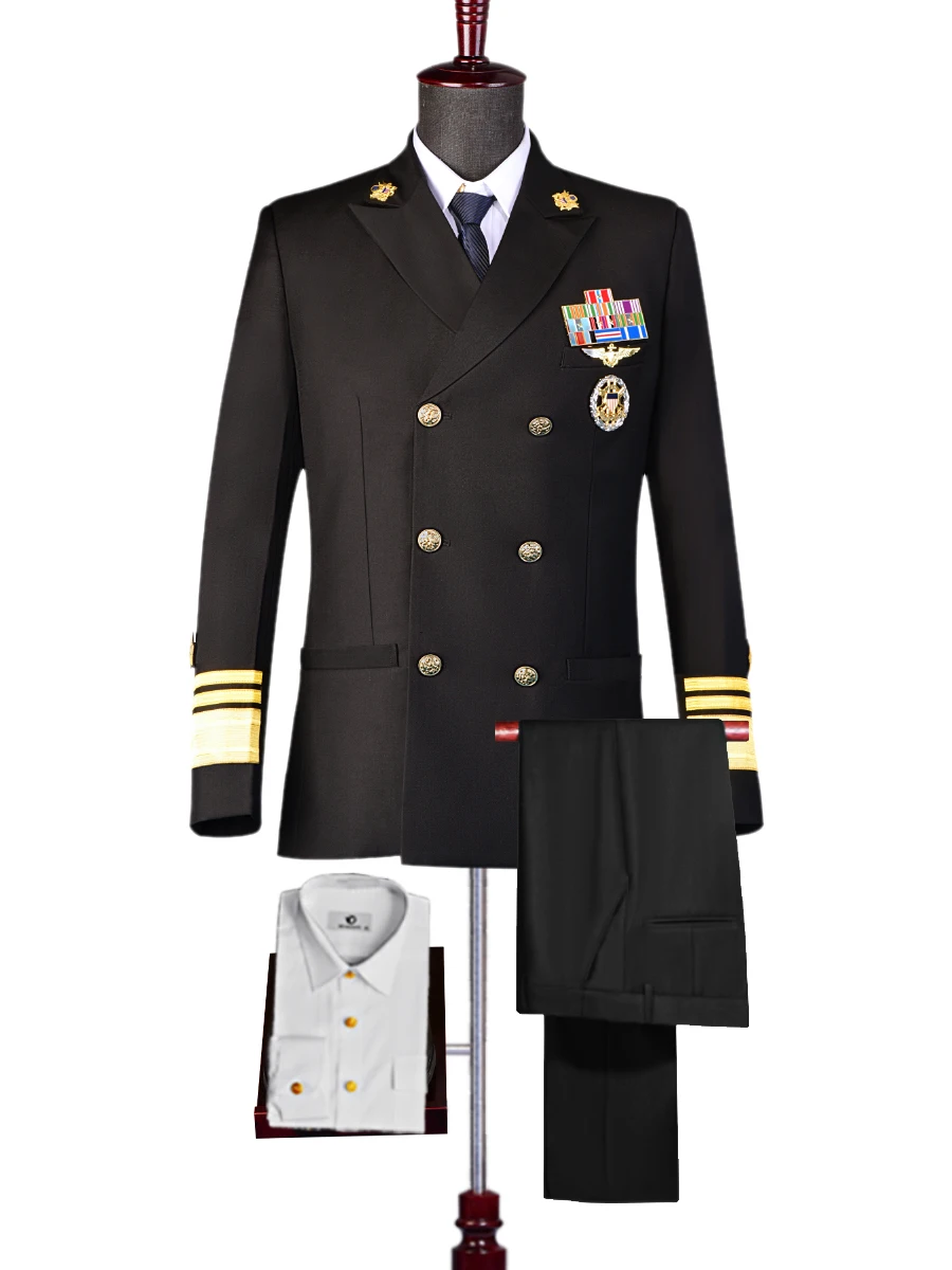 American Captain Uniform Pilot Colonel Suits Men Stage Performance Black Costumes Business Casual Blazer Suit