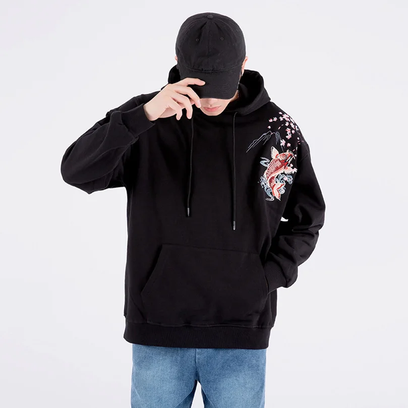 100% Cotton Spring Autumn Hoodies Men Hooded Carp Embroidery Sukajan Oversize Sweatshirt with Hood Male Coat Streetwear