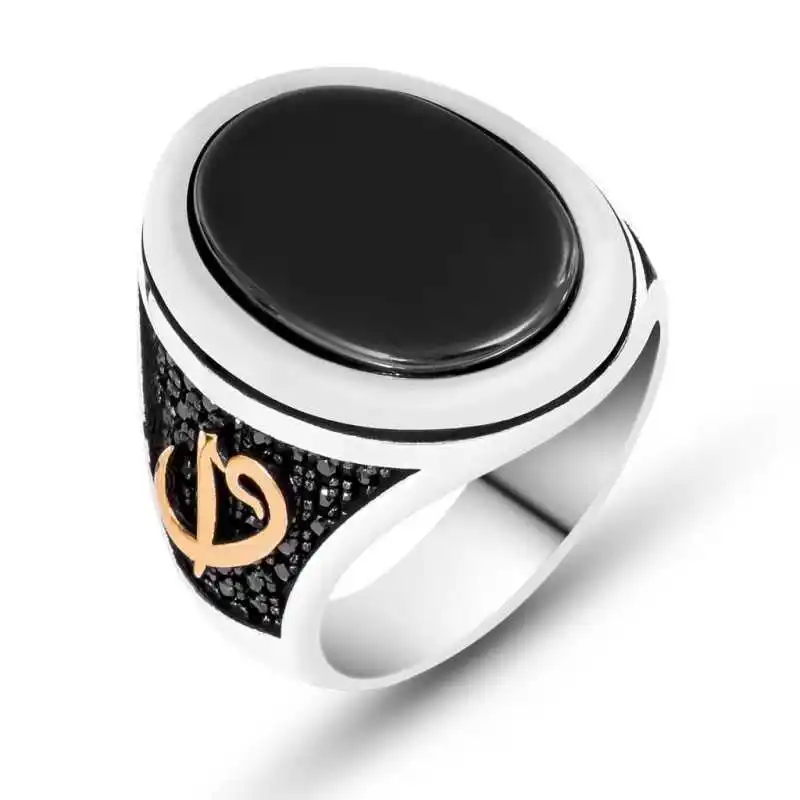 Silver Black Stone Elif Vav Men's Ring - 925 Sterling Men's Jewelry Wedding Birthday Gift - Box - Man - Fashion - Botiva - Size - Turkish - Patterned Embroidery