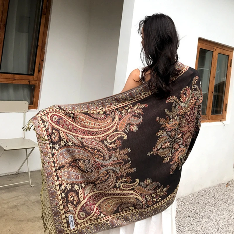 

Travel scarf New Bohemia Style Women Double Side Paisley Silky Pashmina Scarf Wrap Shawl Lady's Ethnic Jacquard fringed 2020