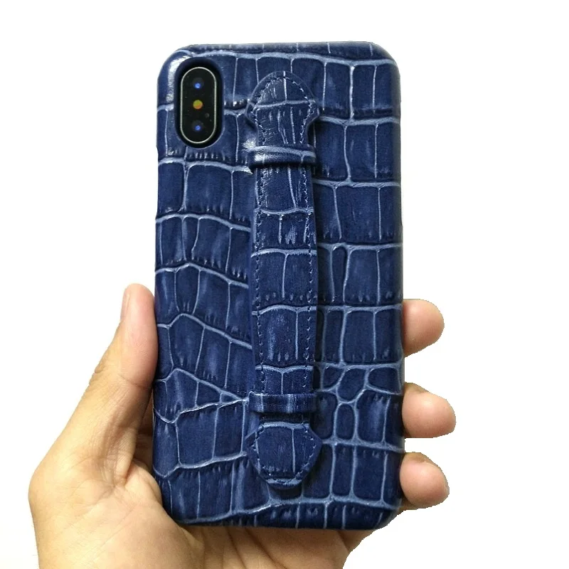 Solque Genuine Leather Strap Holder Phone Cases For iPhone X XS Max 7 8 Plus SE2 Handle Case Luxury Croco Slim Hard Cover Blue