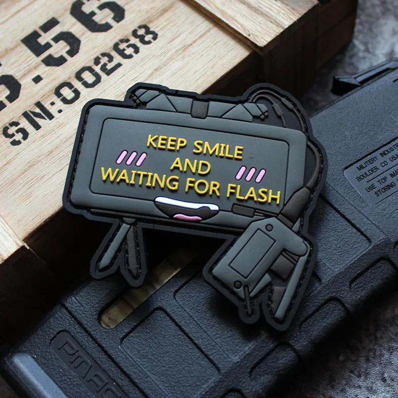 KEEP SMILE AND WAITING FOR FLASH 3D PVC Patch LET THERE BE LIGHT Military Q Version Weapons Tactical Appliqued Clothing Decor