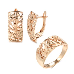 Kinel Vintage 585 Rose Gold Women Earrings Ring Sets Boho Hollow Flower Cilp Earrings Ring Elegant Ethnic Wedding Jewelry Sets