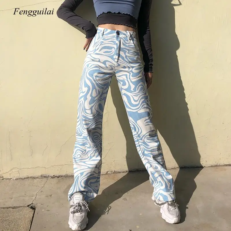 2021 Zebra Print Casual High Waist Pants Women Fashion Skinny Long Trousers Ladies Blue Straight Sweatpants Street Wear