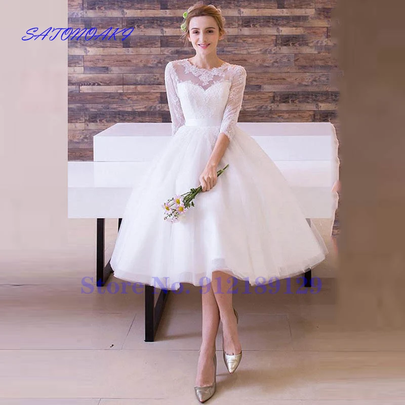 

Vestidos De Novia Latest Charming Short Lace Wedding Dresses Jewel Neck with 3/4 Sleeves Appliques Tea Length Bridal Gown France