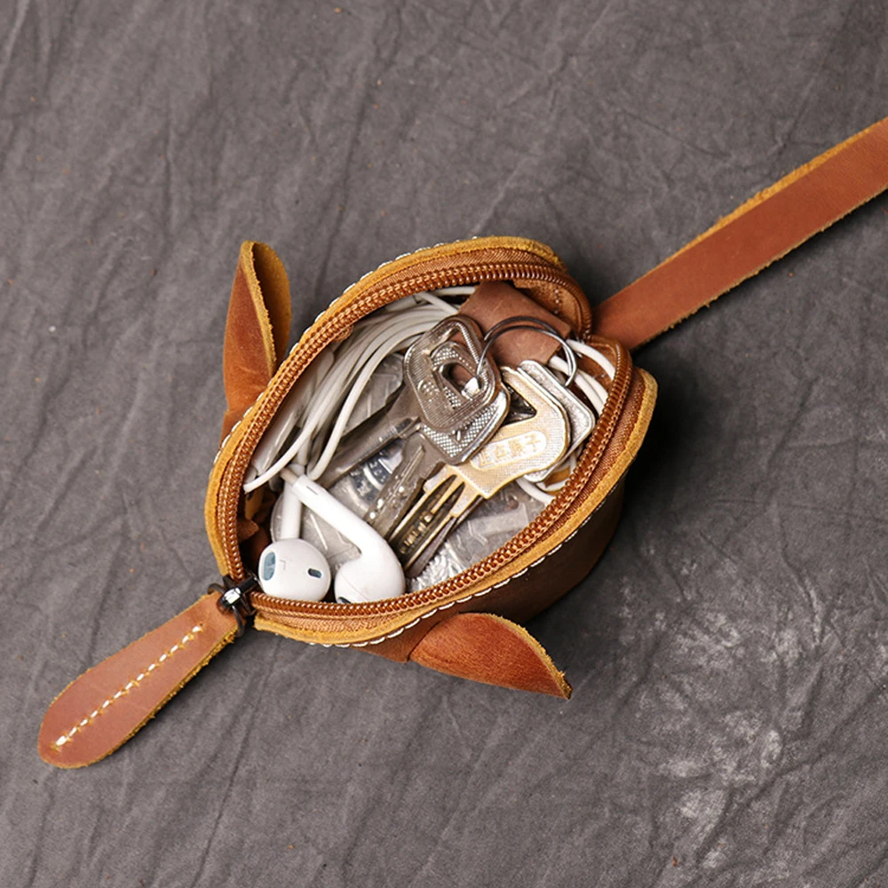Monedero de cuero hecho a mano de lujo para niños, cartera portátil para llaves, bolso para auriculares, lindo monedero de rata de dibujos animados,