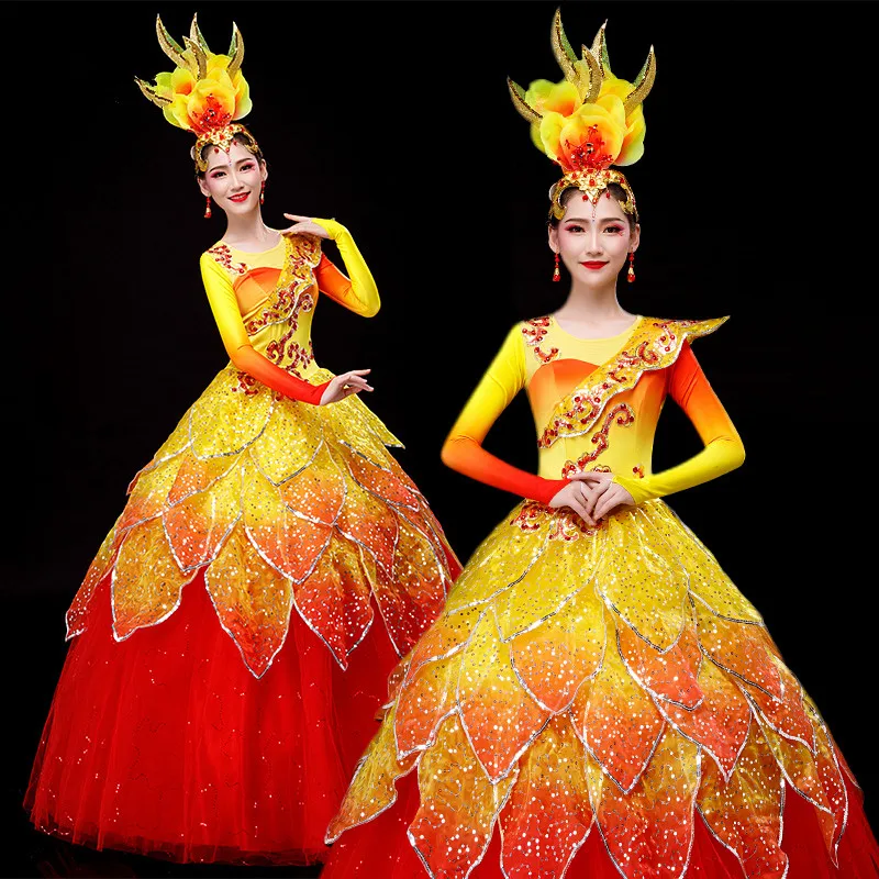 Yellow Red Dance Dress For Women New Year Festival Clothes Sequin Dance Performance Costume Long Sleeve