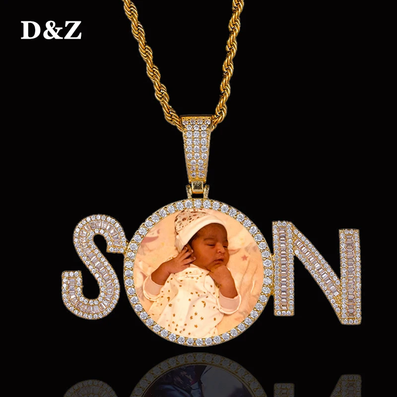 

D&Z Custom Name Photo Pendant Necklaces Cubic Zirconia Baguette Stones Hip Hop Jewelry For Men Women Gifts Baby Birthday Gift