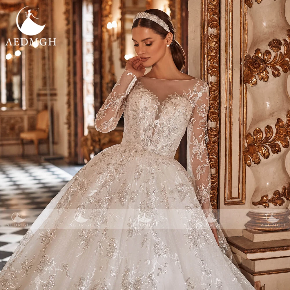 Aedmgh Ball Gown Vintage Luxury Wedding Dresses 2024 Scoop Long Sleeve Vestido De Novia Lace Court Train Shiny Robe De Mariee