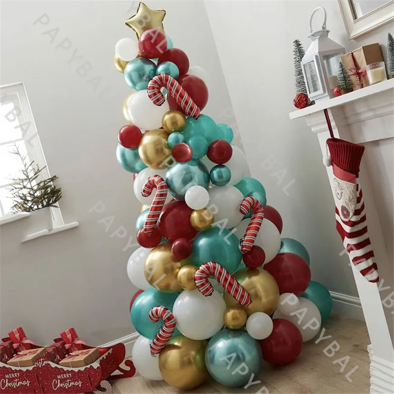 

83Pcs Christmas Crutch Foil Balloon Set Chrome Gold Red Latex Balloon For Merry Christmas Party Decoration New Year Globos