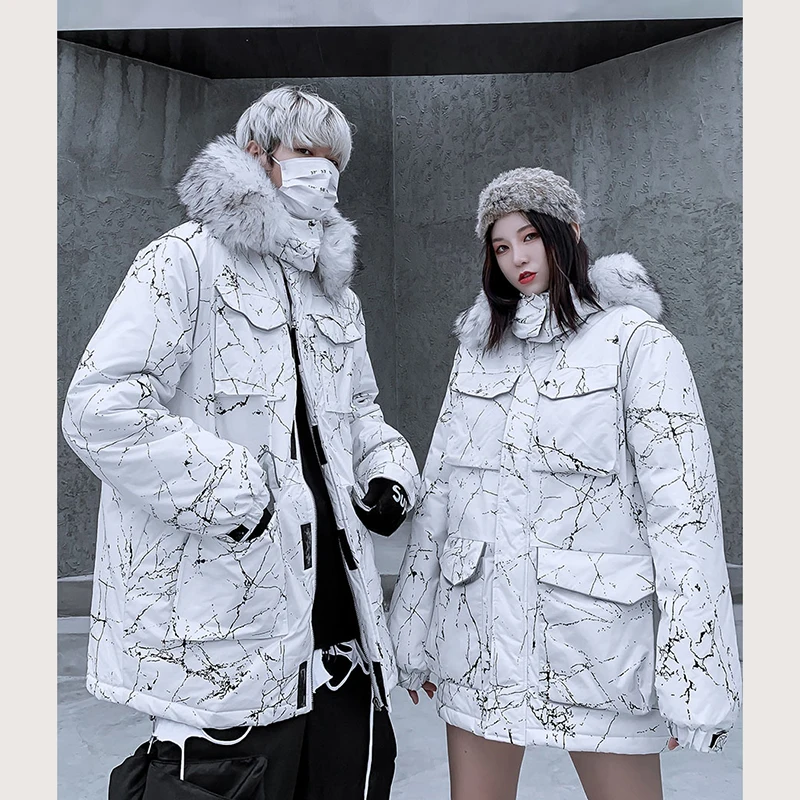 New Hip-hop Winter Coat Women Long Warm Big Fur Collar Parka Woman Winter Street Style Oversize Couple Hooded Down Cotton Jacket