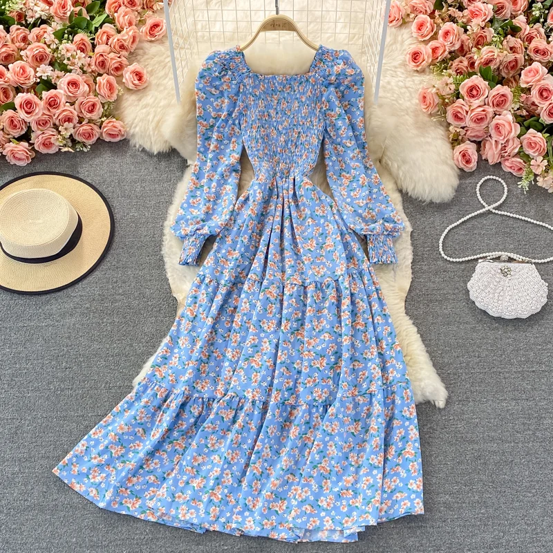 Floral Printing Chiffon Dresseses Pleated Maxi Robe High Waist Long Dresses Long Puff Sleeve A Line Midi Vestido Korean Clothing