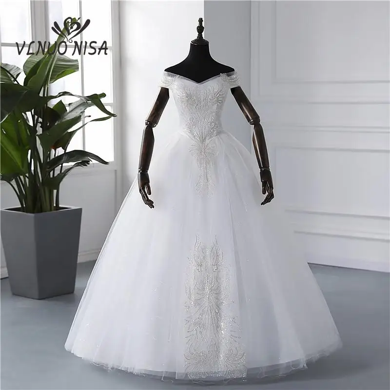 

2022 New Off Shoulder Simple Gold Lace Sequined Wedding Dress Plus Size Off White For Bride Gown Vintage Vestido De Noiva