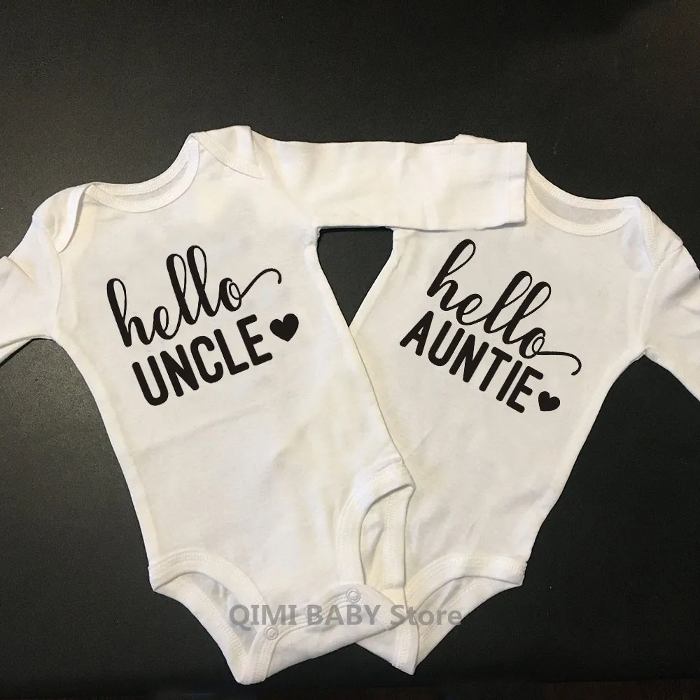 Hello Auntie Uncle Baby Bodysuit Pregnancy Announcement Clothes One Piece Long Sleeve Romper Baby Girl Boys Jumpsuit Clothes