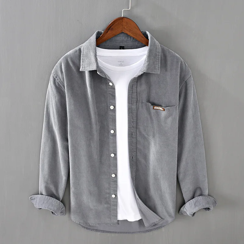 2072 Spring Fall Men's Corduroy Shirts Casual Handsome Boyfriend Style Loose Pockets Khaki Classic Simple Comfortable Male Tops