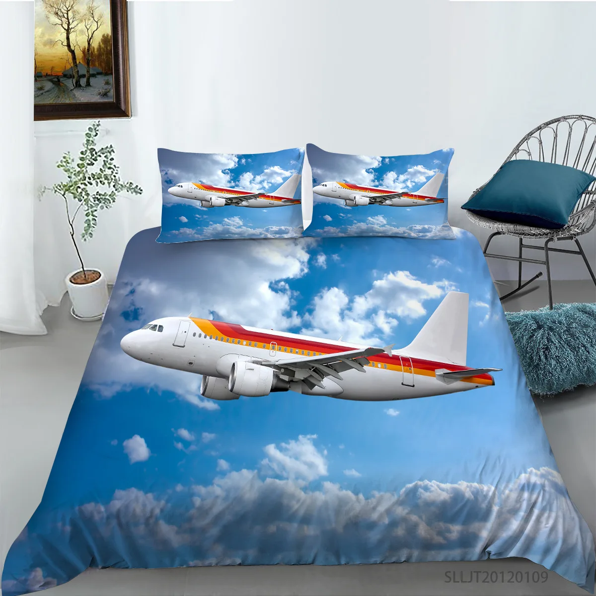 

3D Airplane Duvet Cover With Pillowcase Aircraft Runway Quilt Covers Kids Adult Full King Double Sizes Sky Scenery Bedding Set