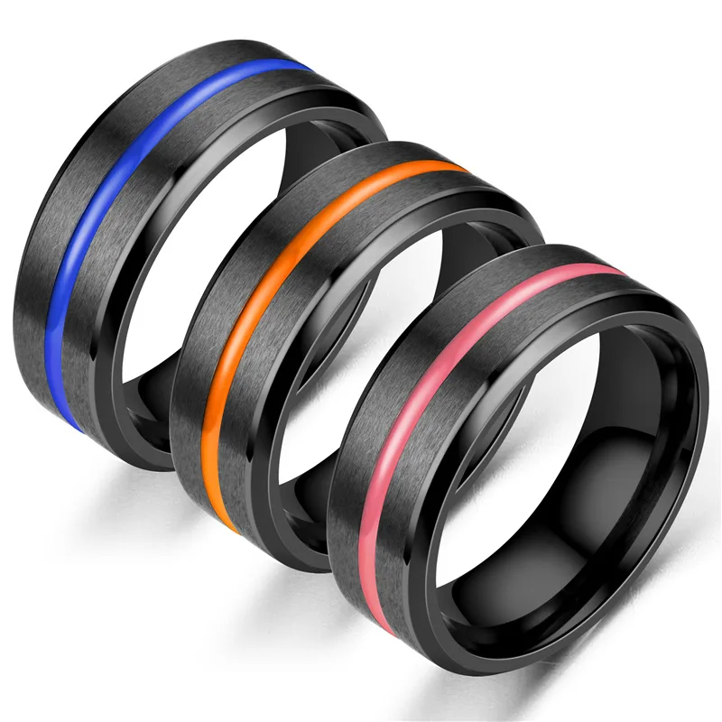 Bxzyrt 2021 New Classic 8mm Wedding Rings Black With Pink Orange Blue Groove Engagement Ring For Men 316L Stainless Steel Ring