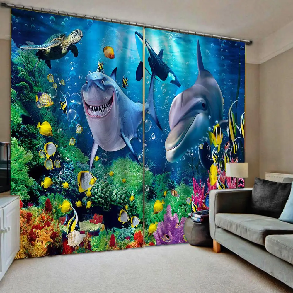 

Custom 3D Curtain Luxury Blackout Window Curtain Living Room Blue ocean dolphin curtains