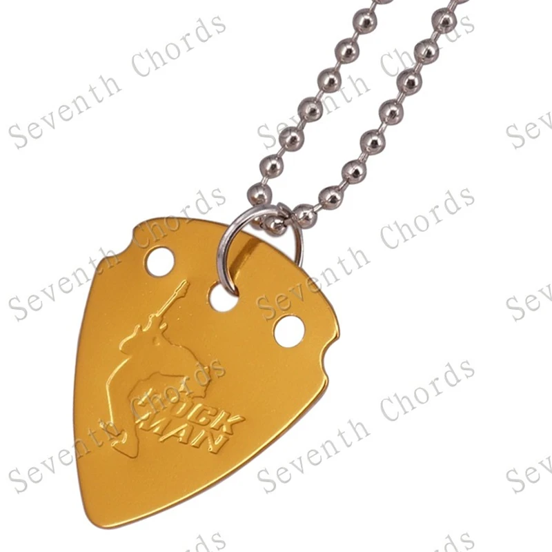 2 Stück goldfarbene Plektren mit einer Dicke von 0,96 mm, als Anhänger für eine Halskette, aus Aluminiumlegierung, Gitarrenzubehör. – Detail 1