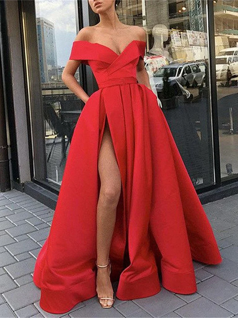 Elegante vestido rojo de satén con hombros descubiertos para fiesta, Sexy, para graduación, azul cielo, abertura alta, talla grande, 2019